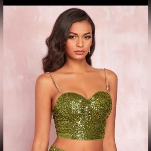 Green sequins tube top with removable gold chain straps.